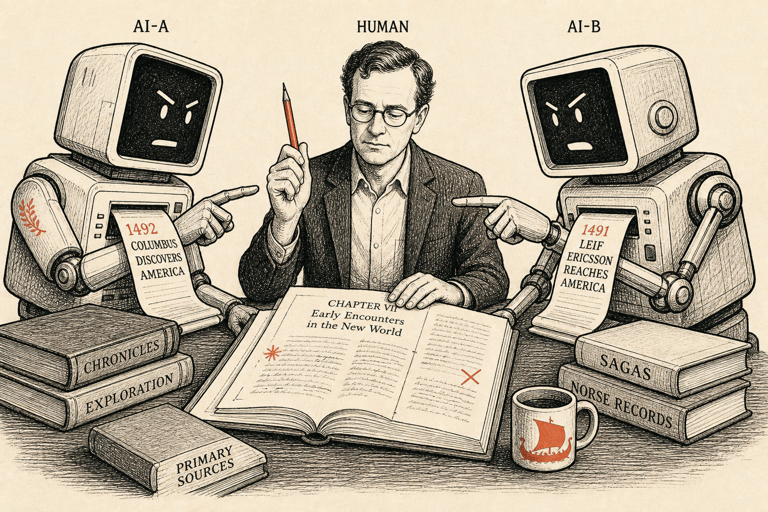 社論漫畫：雙 AI 對質，人裁決
